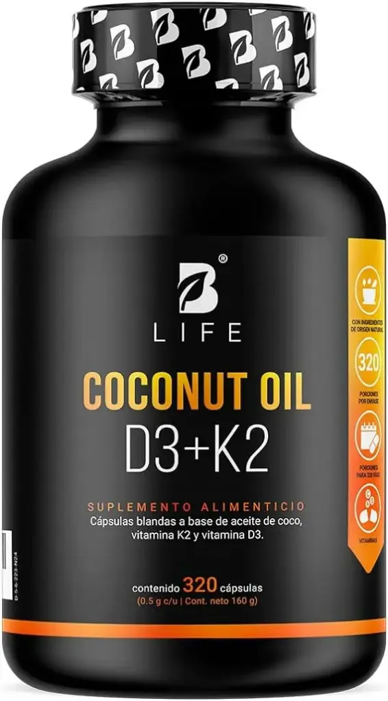 B Life: Coconut Oil D3+K2 | Aceite de Coco, Vitamina D3 y K2 320 Cápsulas Blandas versión Amazon (A)