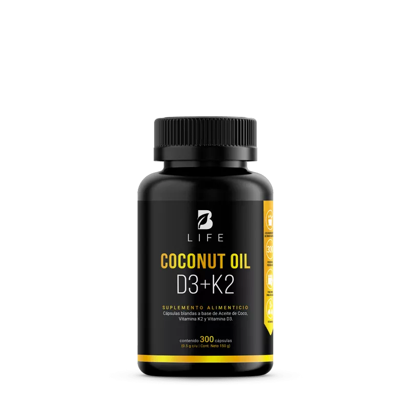 B Life: Coconut Oil D3+K2 | Aceite de Coco, Vitamina D3 y K2, 300 Cápsulas Blandas (D)